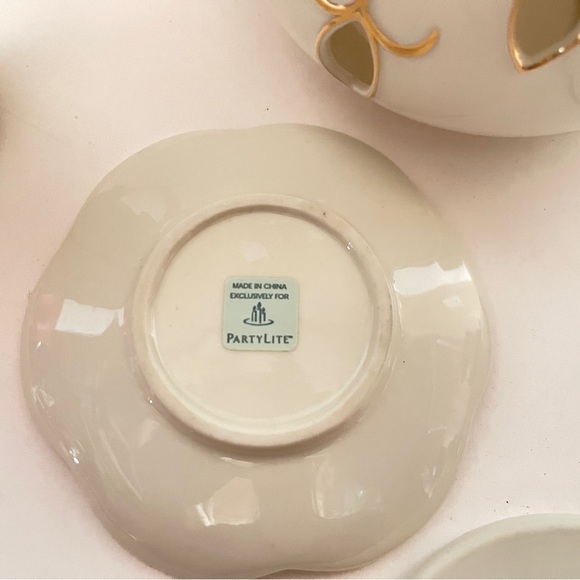 Partylite Tea for Two Votive Candle Teapot Teacup Saucer Set Ivory Gold 6 Pieces - Picture 10 of 14